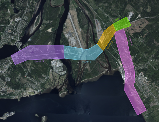 Kartbild med färgade markeringar som visar etappindelningen i utbyggnationen av en ny VA-anläggning i Timrå kommun, illustration.