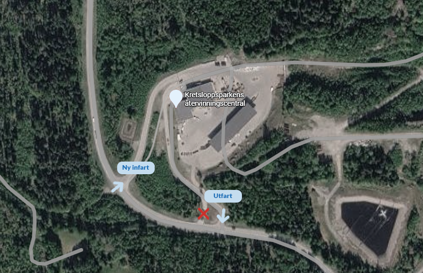 Karta över ny infart till Kretsloppsparkens återvinningscentral, sattelitfoto.