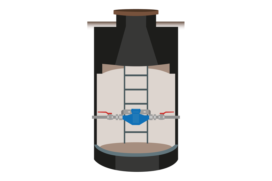 Vattenmätare som är placerad i en mätarbrunn, illustration.