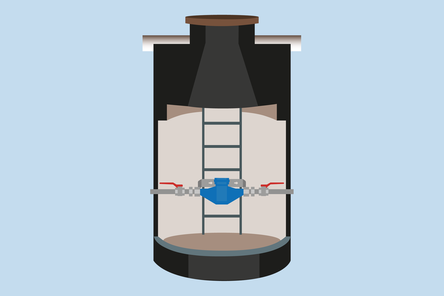 Vattenmätare som är placerad i en mätarbrunn, illustration.
